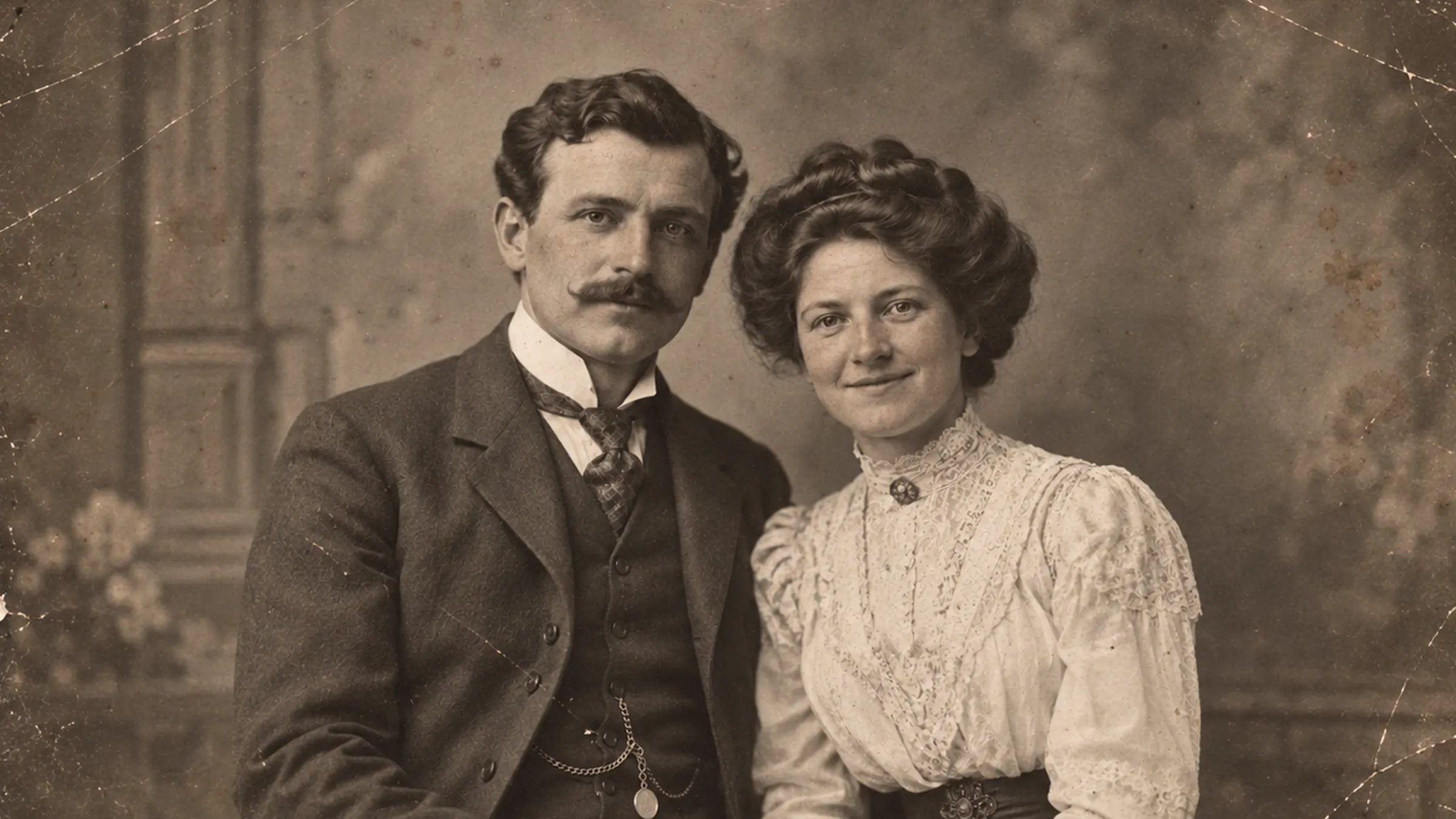 An old sepia portrait of a young couple, warmly restored
